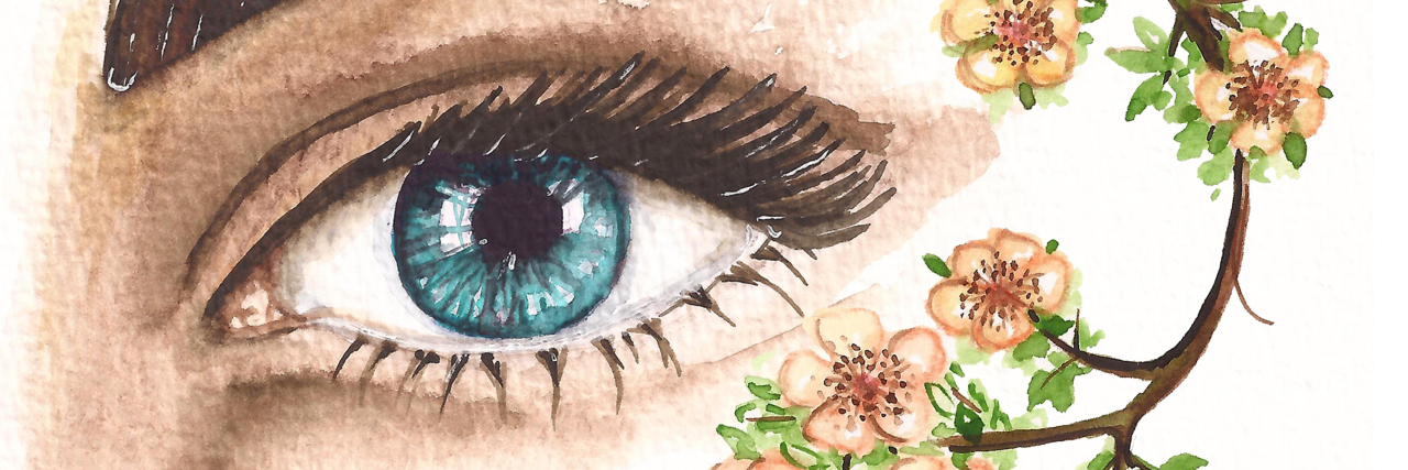 watercolor painting of a woman's eye with flowers next to it