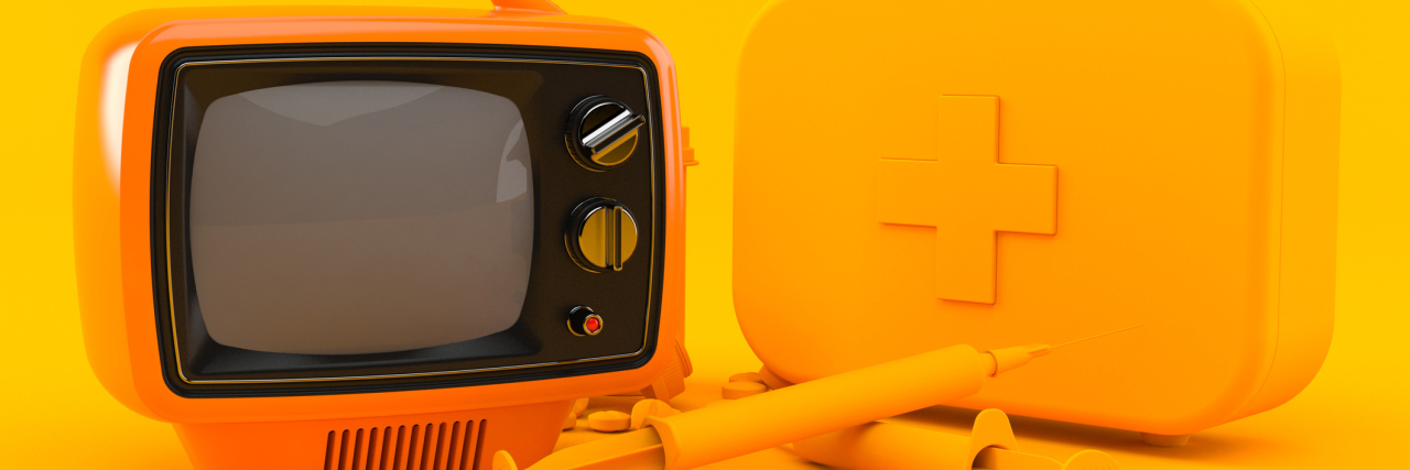 How TV Shows are Perpetuating Myths When It Comes to the Opioid Crisis A picture of an orange TV with orange medical supplies, in front of an orange background.