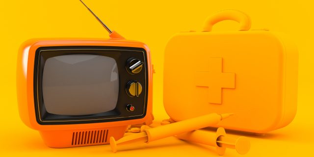 How TV Shows are Perpetuating Myths When It Comes to the Opioid Crisis A picture of an orange TV with orange medical supplies, in front of an orange background.