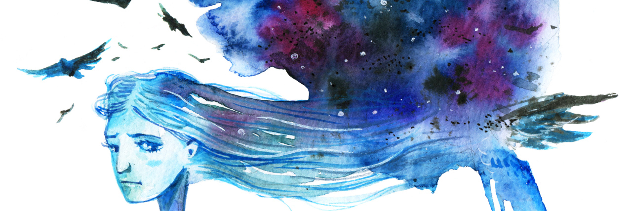 Changing the Inner Dialogue of an Ill Mother Who Feels Guilty An illustration of a woman with her hair turning into a dark blue cloud with birds flying over her head.