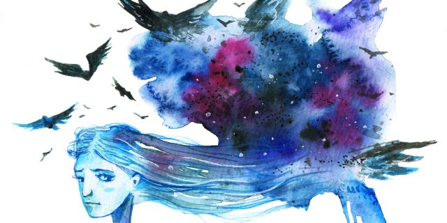 Changing the Inner Dialogue of a Chronically Ill Mother Who Feels Guilty An illustration of a woman with her hair turning into a dark blue cloud with birds flying over her head.