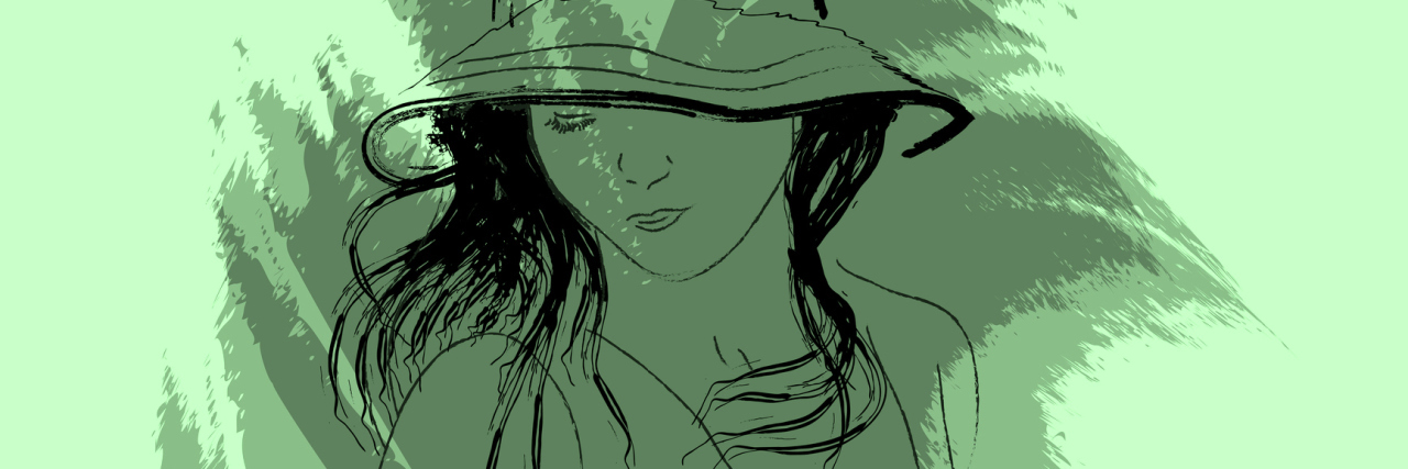 green watercolor painting of a woman wearing a hat