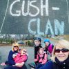 Image of pavement with chalk reading "gush-clan." And two other pictures. First girl with cerebral palsy sitting on mom's lap and second of selfie of mom with her three children in the background.