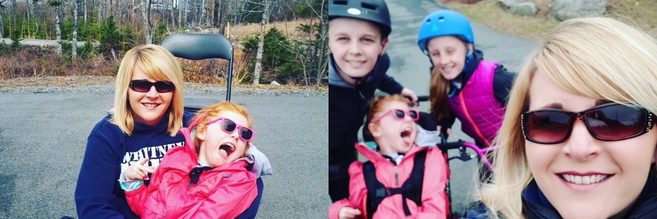 Embracing a New 'Normal' After a Child's Diagnosis Image of pavement with chalk reading "gush-clan." And two other pictures. First girl with cerebral palsy sitting on mom's lap and second of selfie of mom with her three children in the background.