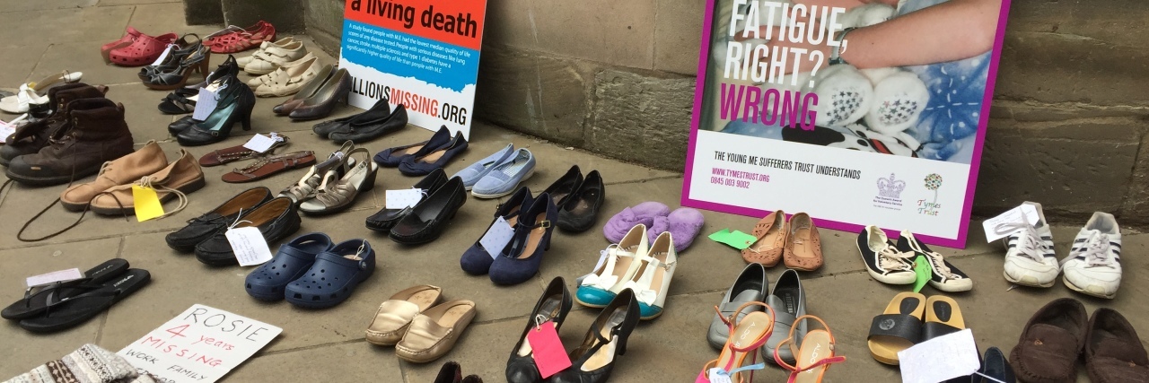How to Participate in Millions Missing for Myalgic Encephalomyelitis shoes and signs from millions missing in birmingham england