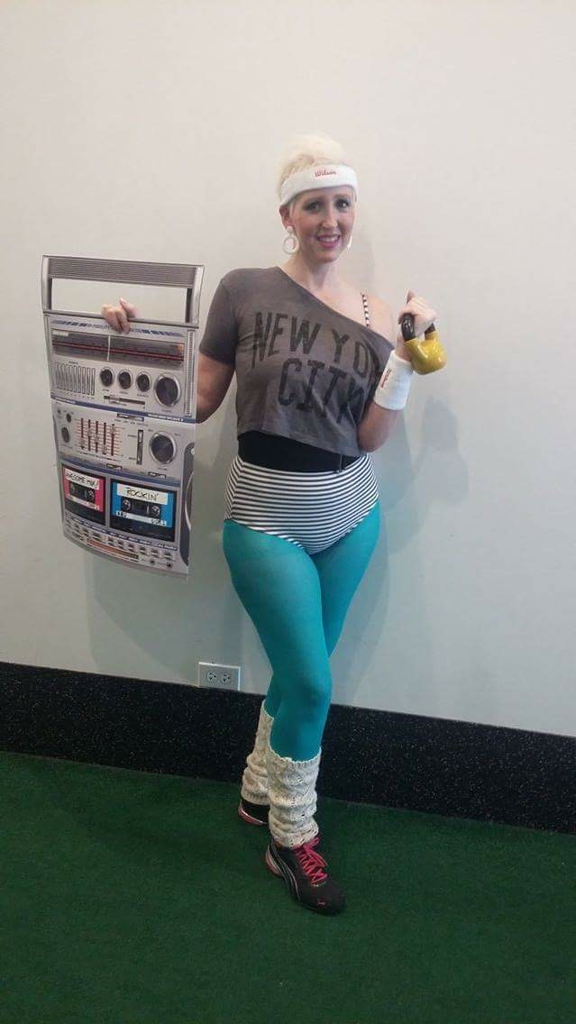 woman with stereo and 80s workout clothes