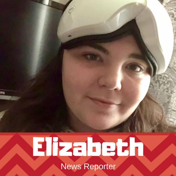 Elizabeth, The Mighty's reporter, wearing her eye massage mask on her forehead. The mask is large and white. 