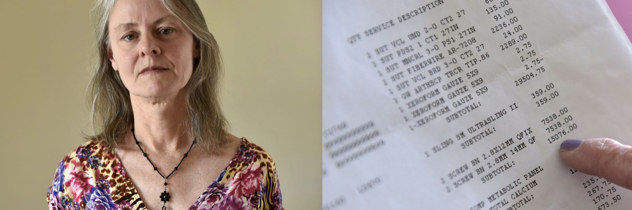 White older woman standing with her medical bill.