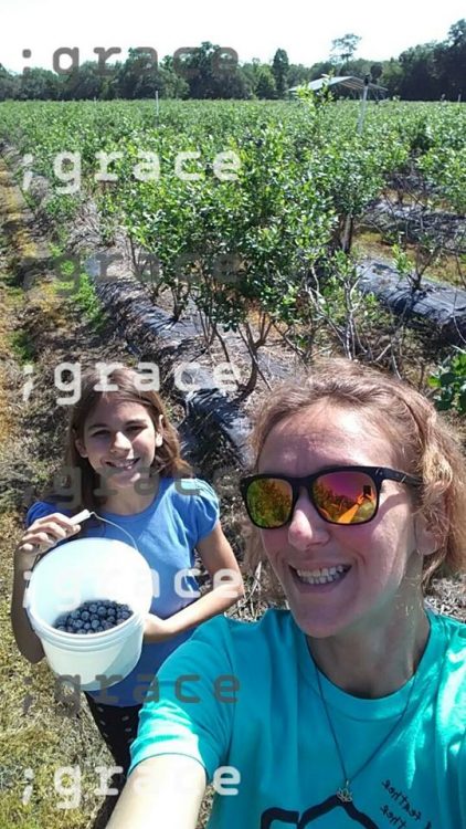 woman picking blueberries with her daughter