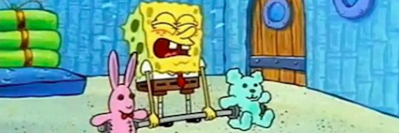 spongebob lifting weights with stuffed animals on the ends