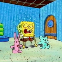 spongebob lifting weights with stuffed animals on the ends
