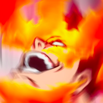 cartoon man laughing with fire around his head