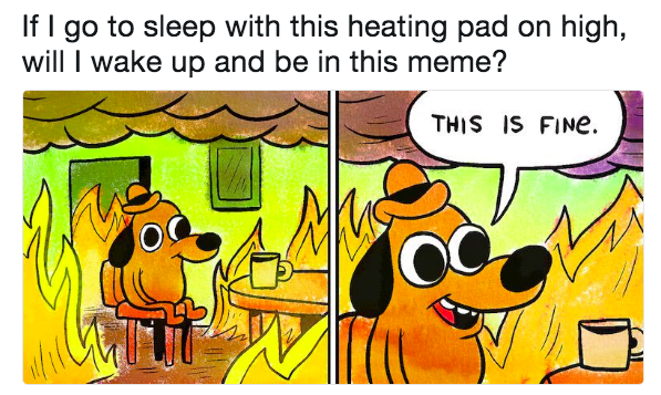 if I go to sleep with this heating pad on high, will I wake up and be in this meme? (a dog is sitting in flames saying 'this is fine')