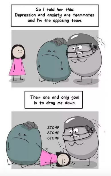 Comic of a girl talking to two blobs representing anxiety and depression