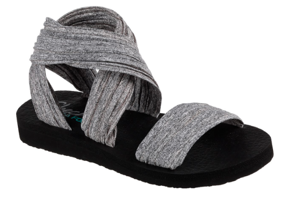 sandal with gray soft straps on black shoe