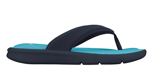 dark blue flip flop with bright blue insole