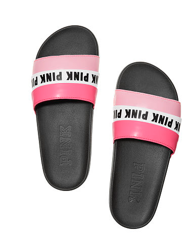 black slides with pink strap
