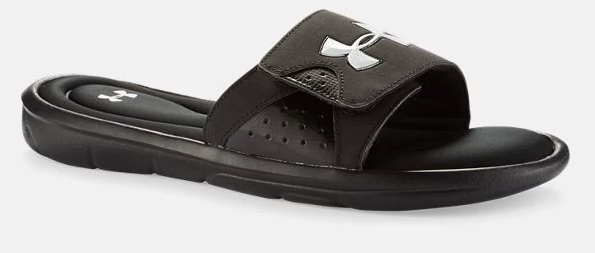 black slide sandals with white under armour logo