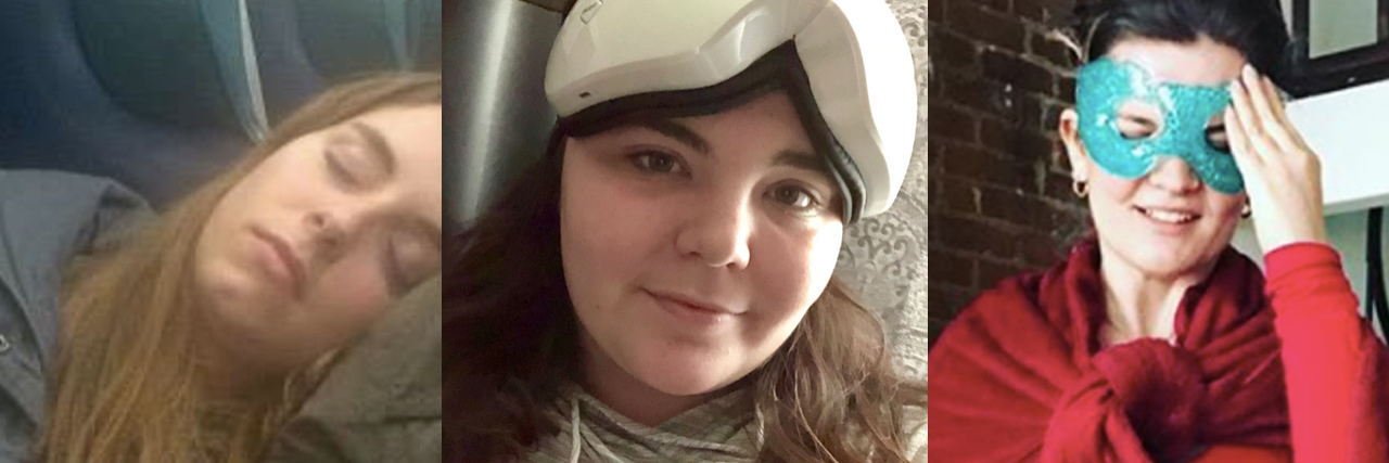 Review of Weighted Blankets, ASMR, Sleep Cycle App and Sleep Tips Photo of Sarah, Elizabeth and Jordan. Sarah is sleeping, Elizabeth is wearing an eyemask, Jordan is wearing an eyemask and blanket cape.