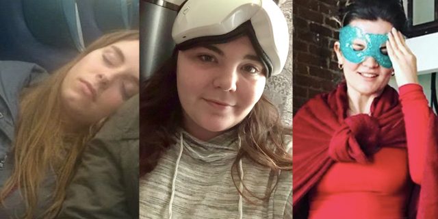 Photo of Sarah, Elizabeth and Jordan. Sarah is sleeping, Elizabeth is wearing an eyemask, Jordan is wearing an eyemask and blanket cape.
