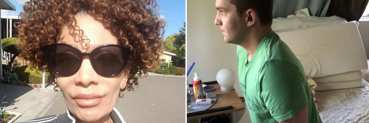 16 Photos of Myalgic Encephalomyelitis/Chronic Fatigue Syndrome woman in sunglasses walking outside, and a man getting out of bed using a walker