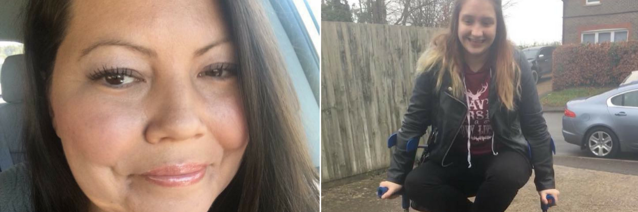 18 Photos of People Raising Awareness of Fibromyalgia woman taking a selfie in her car, and woman holding herself up on her crutches