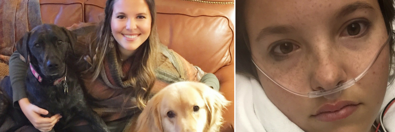 side by side photos of woman smiling with her dogs, then in the hospital with an oxygen tube under her nose
