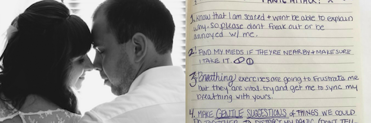 Letters for Understanding Your Partner's Anxiety On the right, an image of a man holding a woman. On the left, a bulleted list.