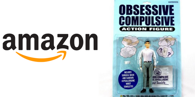 Amazon Pulls Insensitive Mental Health Products, but Many Still Remain Amazon logo and ocd action figure