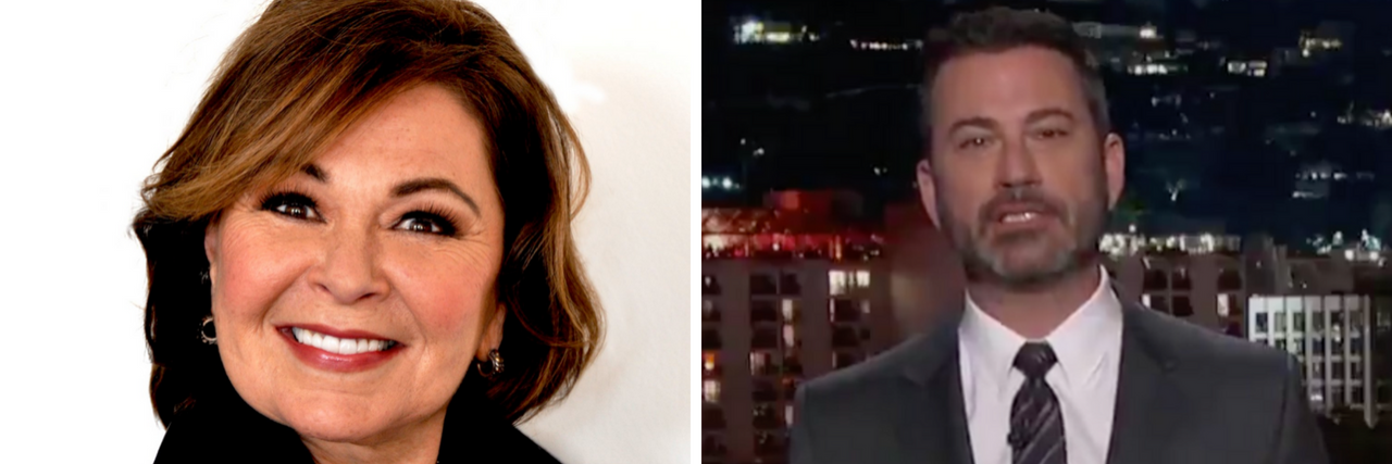 Jimmy Kimmel Defends Roseanne Barr's Racism, Cites Mental Illness Roseanne Barr and Jimmy Kimmel