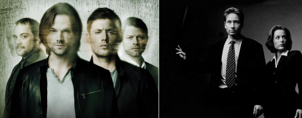 crowley, sam, dean and cas from supernatural, mulder and scully from the x-files