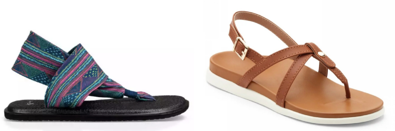 15 Sandals and Summer Shoes for People With Chronic Pain black and blue sandals with soft strap and brown sandals with thong and heel strap