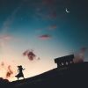composite image of silhouetted woman walking uphill against cloudless sunset sky and crescent moon