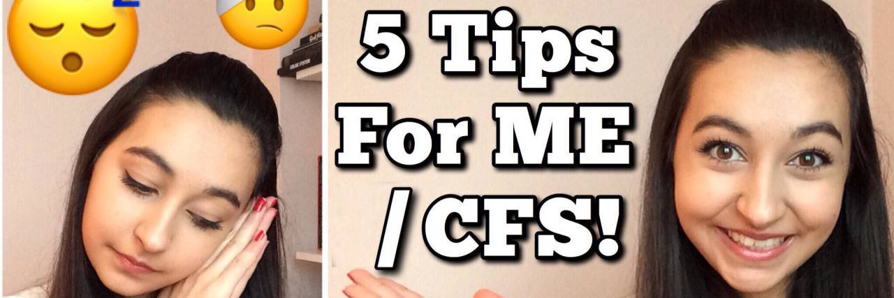 5 Practical Tips for Living With Chronic Fatigue Syndrome photo of the author with the text '5 tips for me/cfs!'