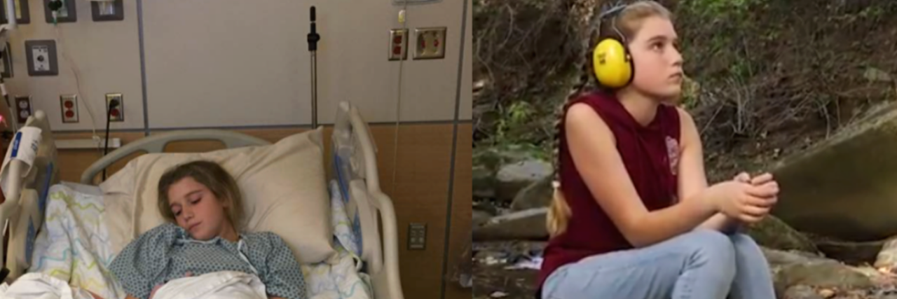 My Response to 'Air Horn Girl' Cindy Redmond With Hyperacusis cindy redmond in hospital bed and citting on stone outdoors wearing noise canceling headphones