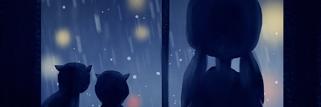 How ME/CFS Hypersensitivity Causes Isolation digital painting of two cats and girl at window in rainy day, acrylic on canvas texture, story telling illustration