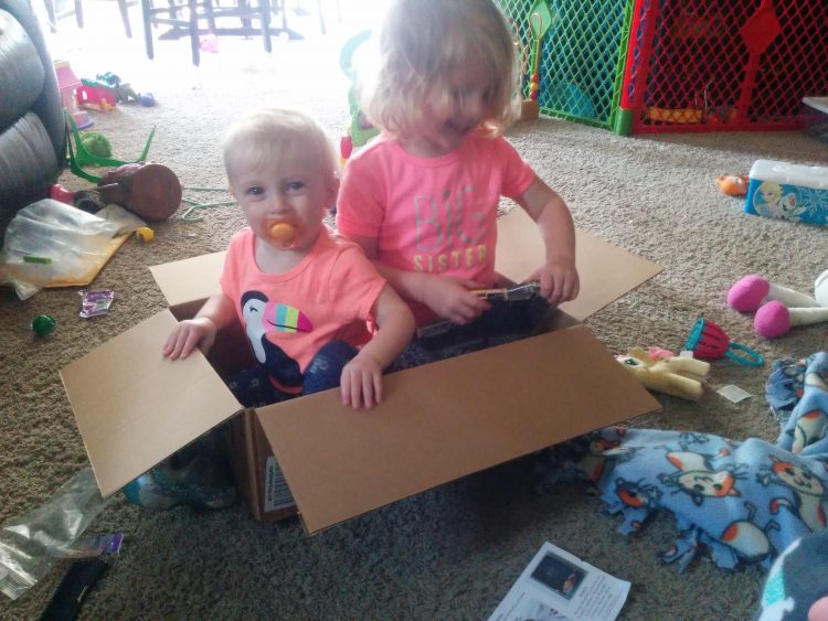 little kids sitting in a box with in messy house