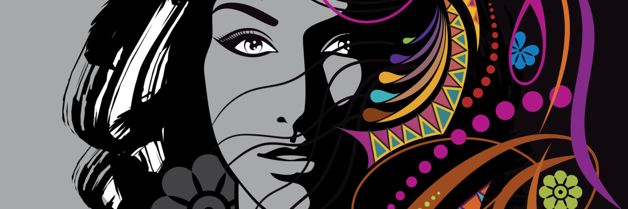 drawing of woman half in black and gray and half in colorful design