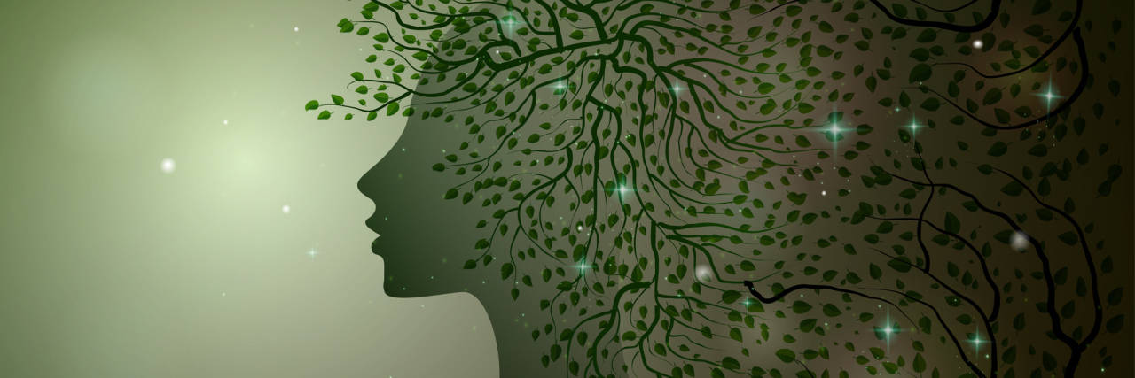 midnight summer dream, forest fairy, woman profile decorated with leaves branches and sparkles, Flora, vector,