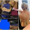 picture of pile of laundry, and photo of woman's back through mirror
