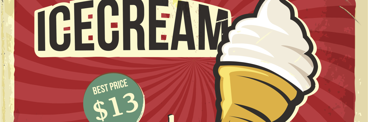 Dealing With a Broken Shoe as a Blind Person Retro metal sign with ice cream cone priced at $13.