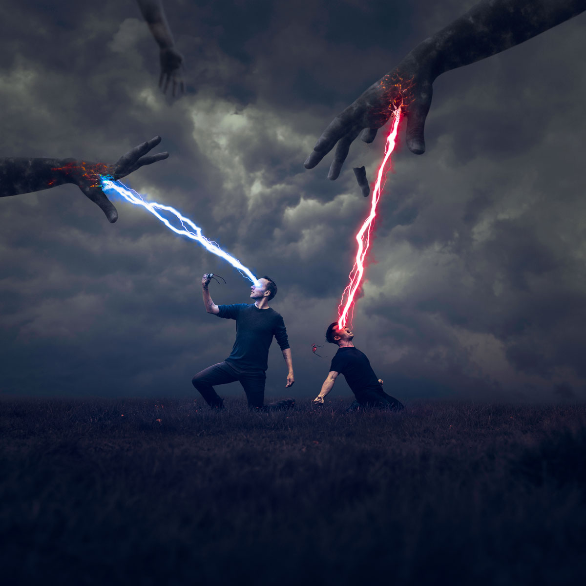 Adam Hague concept digital art photographyimage of men firing lasers from eyes at giant reaching hands