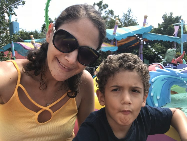 Mother and son at an amusement park