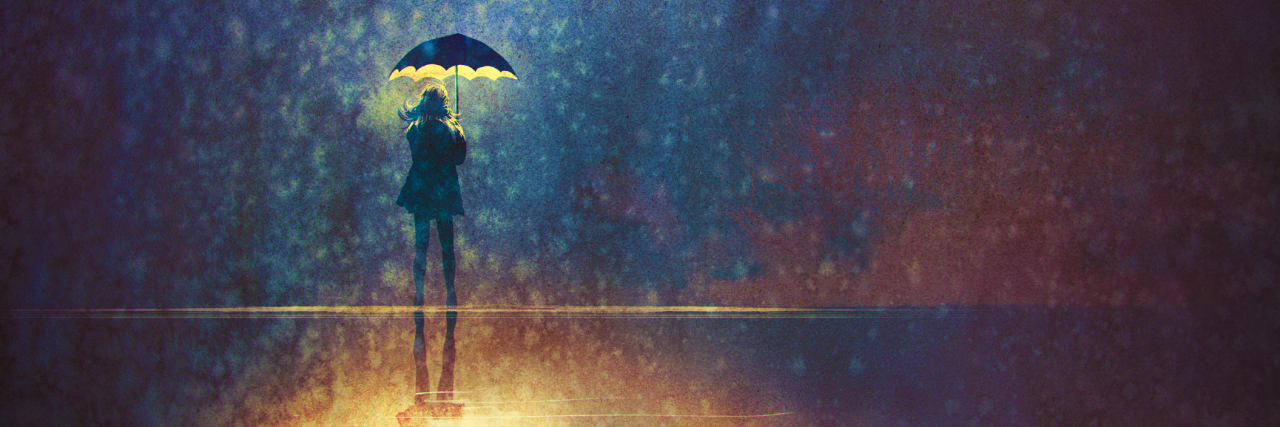 lonely woman under umbrella lights in the dark,digital painting