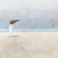 A painting of a woman walking on a beach.