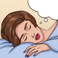 An illustration of a woman resting her head on her pillow with a speech bubble.