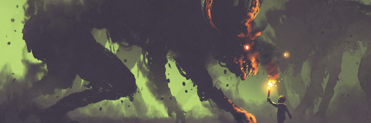 What It Feels Like to Dance With the CRPS Monster An illustration of a boy holding a flame up to a giant monster.