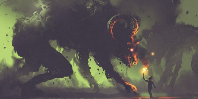 An illustration of a boy holding a flame up to a giant monster.