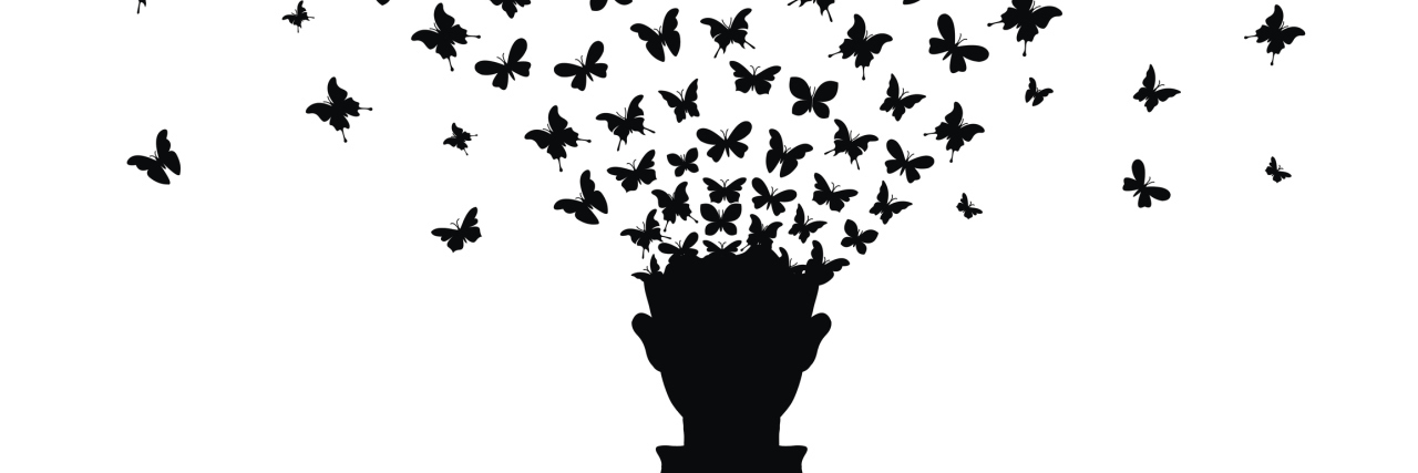 Life With Illness Is Like a Caterpillar Going Through Metamorphosis An illustration of a silhouette of a man as his head turns into butterflies flying away.