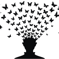 An illustration of a silhouette of a man as his head turns into butterflies flying away.
